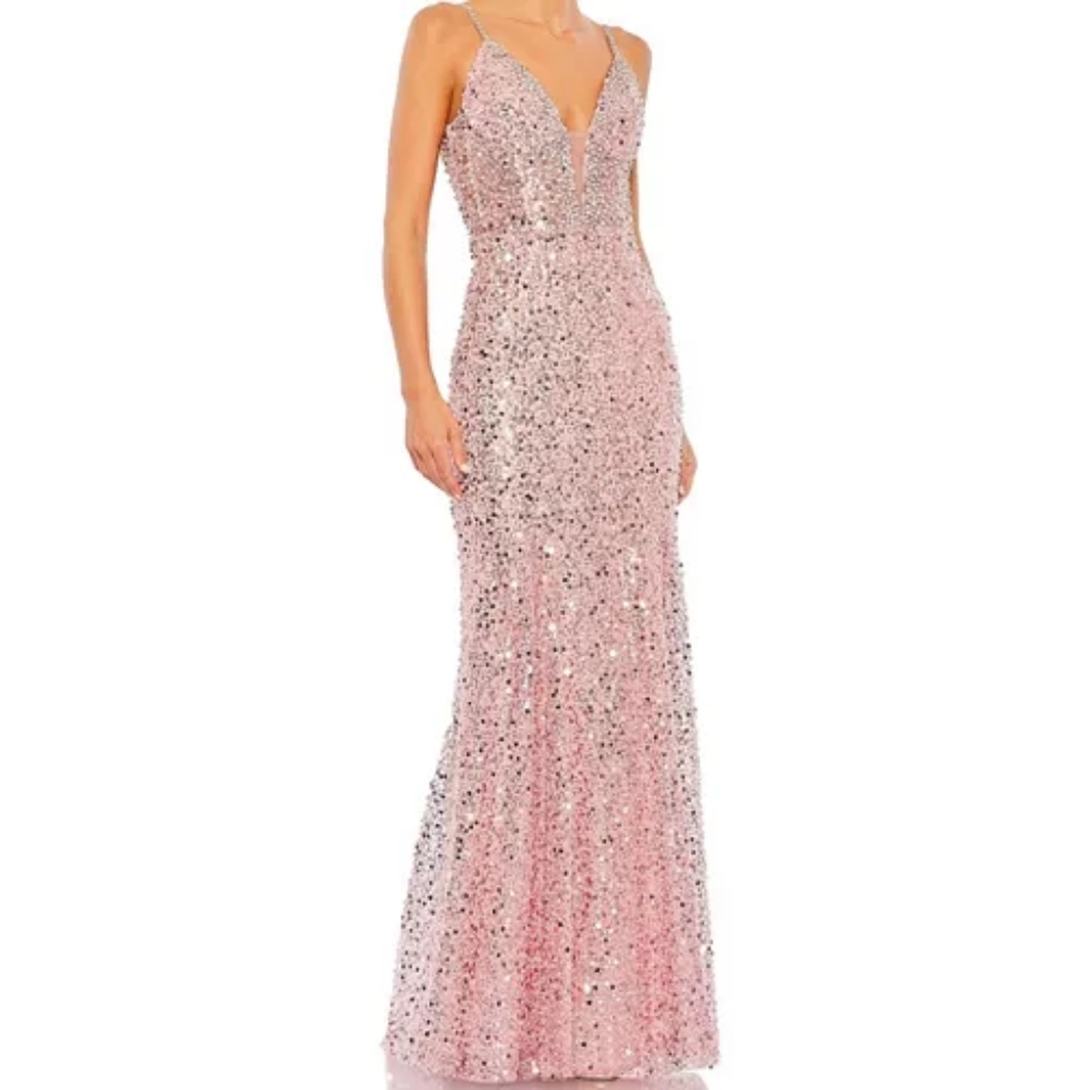 $589 NWT Mac Duggal Women's Embellished Plunge Neck Sleeveless Trumpet Gown